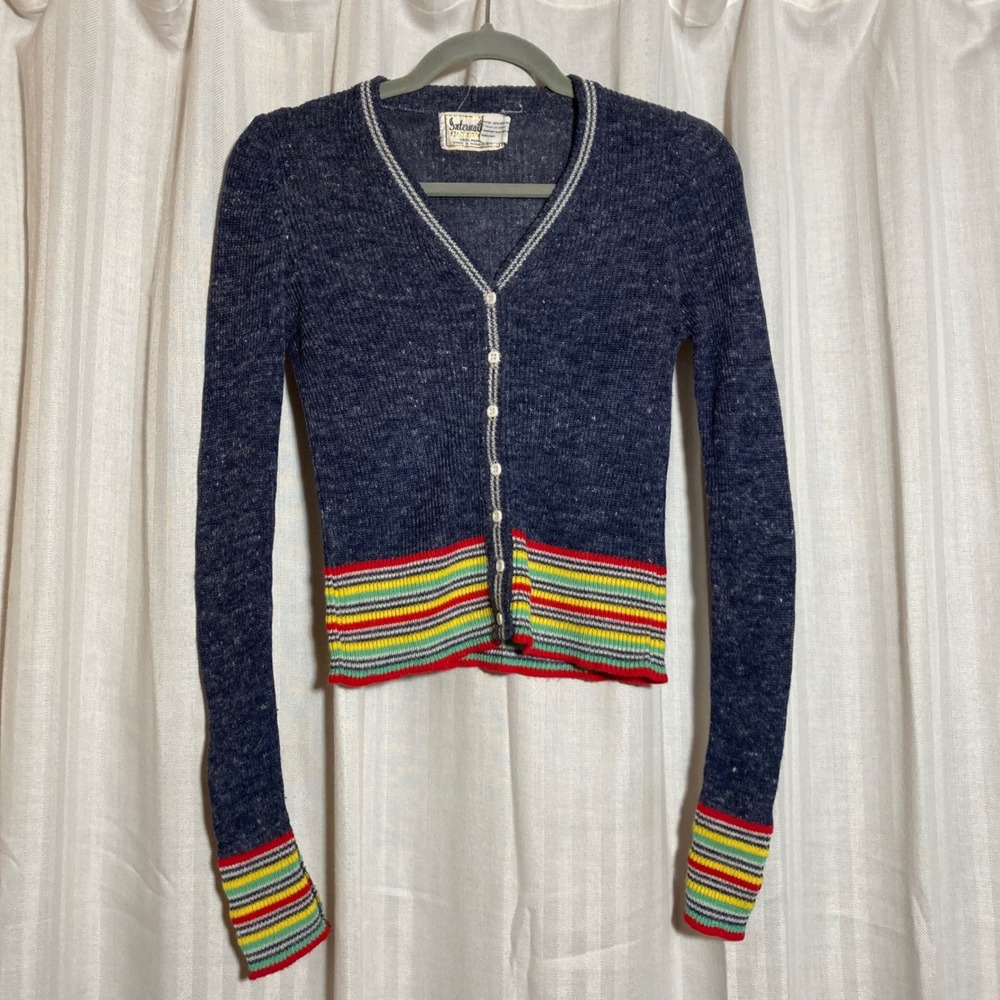 Vintage International Boutique Blue Gray Rainbow Stripe‎ Knit Cardigan Sweater S